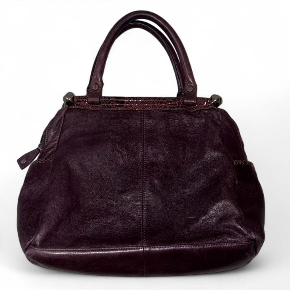 Betsey Johnson Leather Ruffle Structurec Satchel Handbag in Deep Plum - Picture 2 of 13
